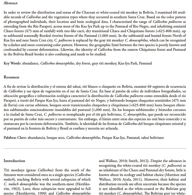 Distribution, habitat and status of the White-Coated Titi Monkey (Callicebus Pallescens) in the Chaco – Chiquitano Forests