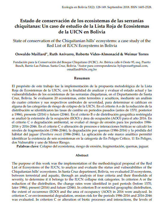 Estado de conservación de los ecosistemas de las serranías chiquitanas: Un caso de estudio de la Lista Roja de Ecosistemas de la UICN en Bolivia