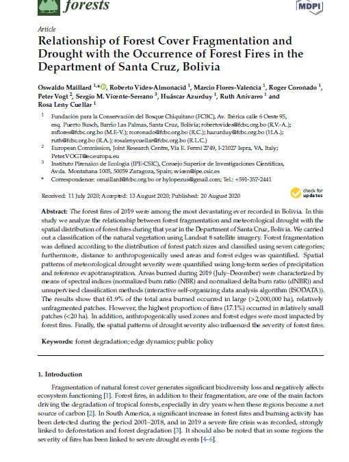 Relationship of Forest Cover Fragmentation and Drought with the Occurrence of Forest Fires in the Department of Santa Cruz, Bolivia